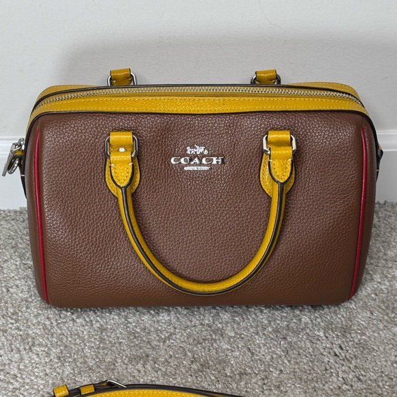 Coach Rowan Colorblock Satchel Bag Saddle Brown w/ Red, Yellow Crossbody Strap - Picture 1 of 8
